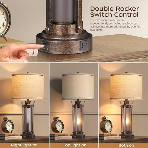 Vista 2 de QiMH - Lámparas de mesa de 26 pulgadas para sala de estar, rústicas, color bronce USB A+C Charging Ports, 4 Bulbs Included, Farmhouse Nightstand
