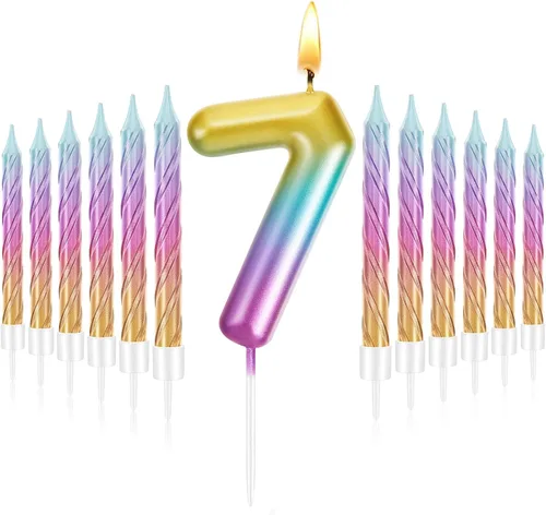 Vista 9 de Treela Vela de cumpleaños de 3 años para pastel con 12 piezas en espiral con números de arco iris, velas degradadas de tercer cumpleaños para niñas