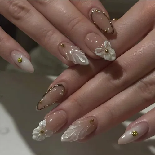 Vista 68 de Uñas postizas a presión medianas con diseño geométrico blanco almendra – 24 uñas postizas reutilizables de ABS brillante, fácil de aplicar, juego