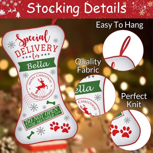 Vista 4 de Calcetines de Navidad personalizados con foto de nombre, medias personalizadas en forma de hueso para perros, gatos, mascotas, medias de Navidad