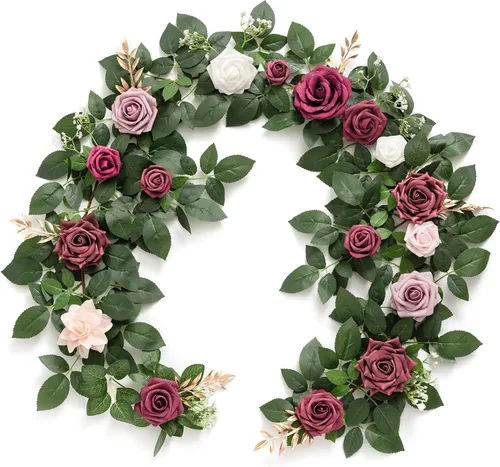 Vista 13 de Ling's Moment Guirnalda de Flores Artificiales Negra Burdeos de 5 Pies, Hojas de Rosas Falsas, Guirnalda Floral, Flores de Arco, Enredadera