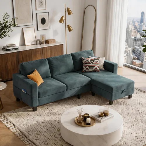 Vista 8 de Sofá modular de 78 pulgadas para sala de estar, sofá azul en forma de L con otomana de almacenamiento, asiento profundo, juego de sofá de tela