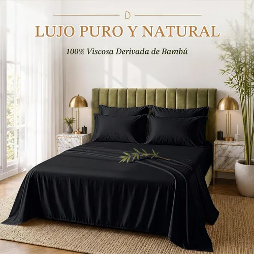 Vista 2 de DECOLURE Sábanas de Viscosa 100% Derivada de Bambú Tamaño Full - Juego de Sábanas de Lujo de 6 Piezas Naturalmente Refrescantes, Ultra Suaves Negro