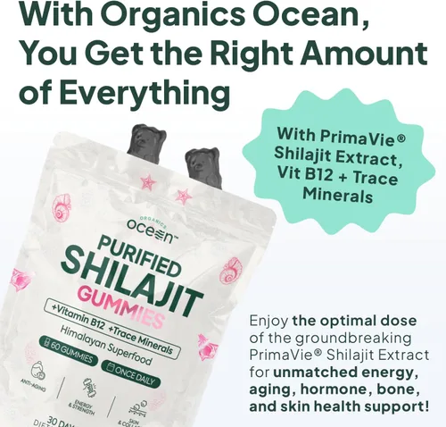 Vista 3 de Organics Ocean Shilajit para hombres y mujeres – Suplemento Shilajit con vitamina B12, cromo y selenio para desafiar la edad, la energía, el apoyo