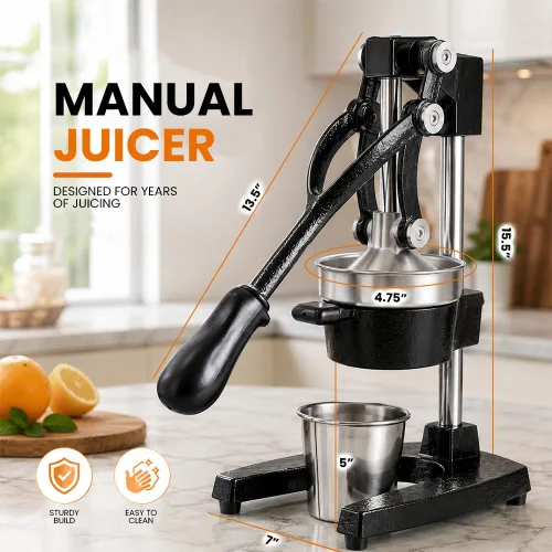 Vista 3 de Exprimidor de hierro fundido – Prensa manual de cítricos resistente Exprimidor de mano para naranja, limón, lima, pomelo y granada Prensa