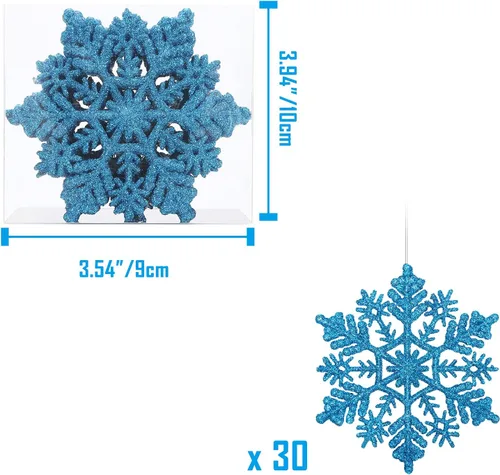 Vista 5 de Paquete de 30 adornos de copo de nieve con purpurina azul, decoraciones de plástico para árbol de Navidad para el país de las maravillas