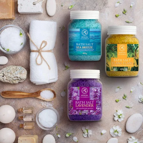 Vista 6 de Juego de sales de baño de 42 onzas - Lavanda - brisa marina - Ylang-Ylang - Aceite esencial 100% natural - Lo mejor para un buen sueño - Alivio