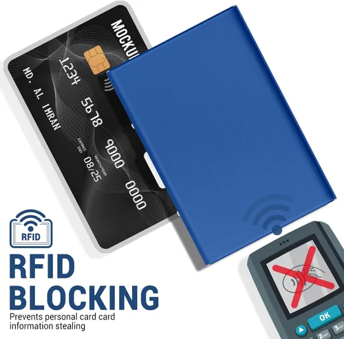 Vista 4 de YINHEXI Cartera para tarjetas de visita para hombres y mujeres, de metal, minimalista, delgada, con bloqueo RFID de acero inoxidable para hombres