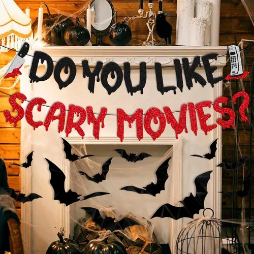Vista 6 de Decoración de Halloween Do You Like Scary Movies Banner con adornos de murciélago en 3D, películas de terror sagradas, decoración de fiesta nocturna