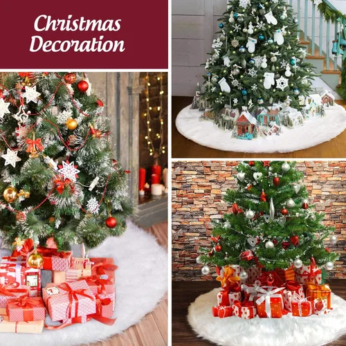 Vista 4 de Falda de árbol de Navidad de 58 pulgadas, falda de árbol de piel sintética nevada gruesa de lujo extra grande, terciopelo de felpa blanco