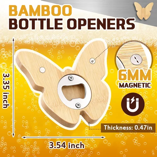 Vista 2 de Vesici 24 piezas de abrebotellas magnético de 6.35 cm DIY en forma de mariposa de bambú, abrebotellas de madera, imán de nevera, adhesivo