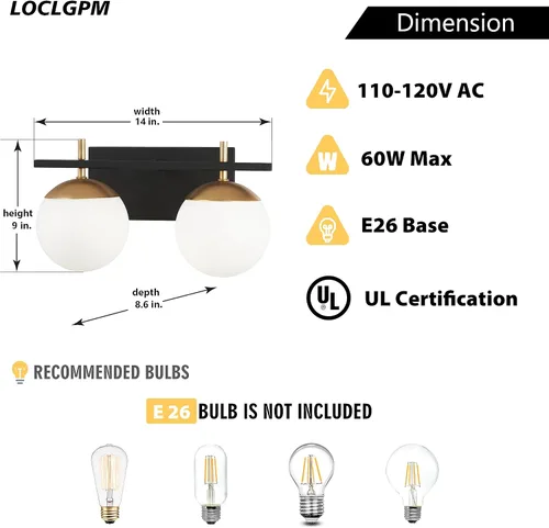 Vista 3 de 2 lámparas de baño, luz negra y dorada, luz de baño de mediados de siglo sobre espejo con pantalla de globo de vidrio blanco, apliques de pared