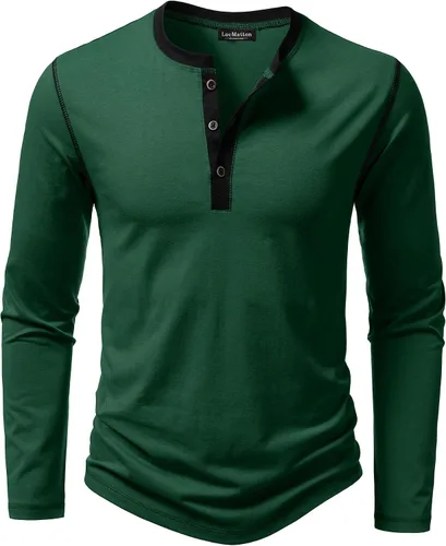 Vista 17 de LucMatton Camiseta de manga larga para hombre, ajuste entallado, elástica, estilo Henley, casual, con solapa de 3 botones