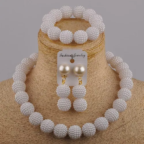 Vista 2 de Conjunto de collar y aretes para mujer con perlas de imitación, joyas nigerianas, boda, joyas africanas de Aczuv