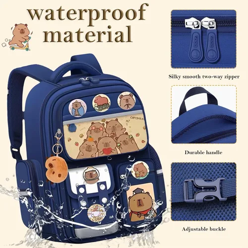Vista 6 de Mochila Capybara impermeable, bolsa capybara Kawaii de gran capacidad con accesorios de 31 piezas, Azul