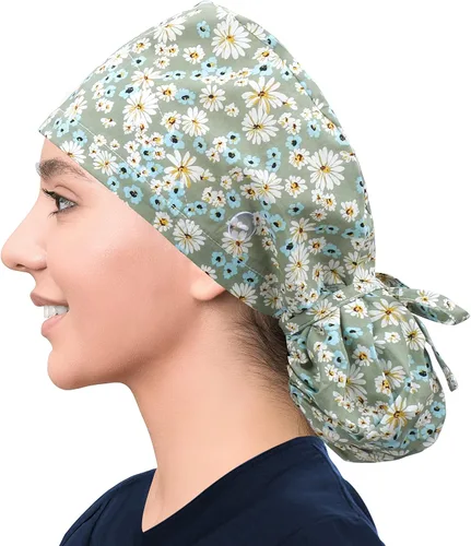 Vista 41 de Gorra médica con forro de satén con bolsillo para cola de caballo, gorro de enfermera médica de algodón con banda elástica para el sudor