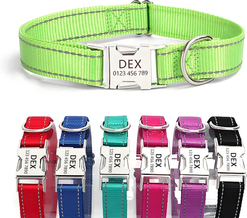 Vista 20 de Collar de perro de nailon reflectante personalizado con etiqueta de nombre Collares de perro con hebilla dorada grabados personalizados Collar