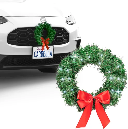 Vista 7 de Carbella Corona de Navidad para automóvil, camión, SUV, camioneta, luz LED con decoración de lazo rojo, soporte de adorno de Navidad de pino