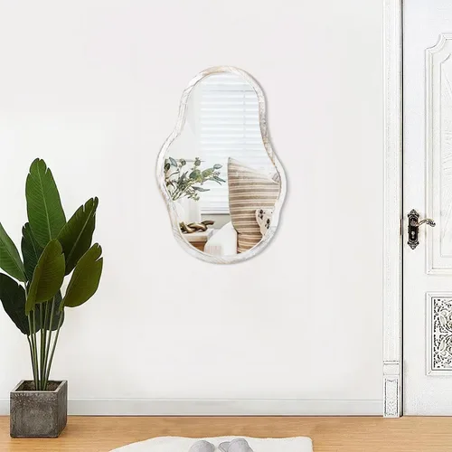 Vista 6 de Espejos asimétricos para pared, espejo de marco de madera irregular blanco, moderno, único, ondulado, para colgar en el baño, tocador, dormitorio