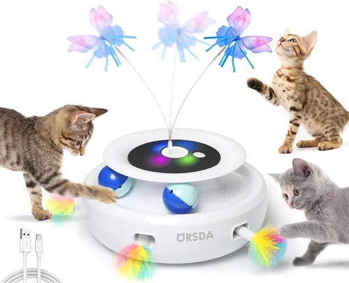 Vista 9 de ORSDA Juguete para gatos, juguete interactivo electrónico automático 3 en 1 con plumas de emboscada en movimiento, mariposa revoloteante, bolas