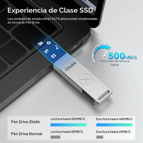 Vista 3 de iDiskk - Unidad flash USB C dual de 256 GB, 500 MB/s para iPhone, Android PC, Gen2 SSD