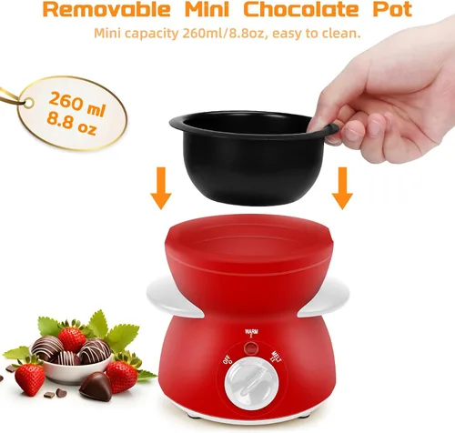 Vista 10 de Mini olla para fundir chocolate, fuente de fondue de chocolate, máquina calentadora de 8.79 onzas para chocolate con leche, queso, mantequilla Rojo