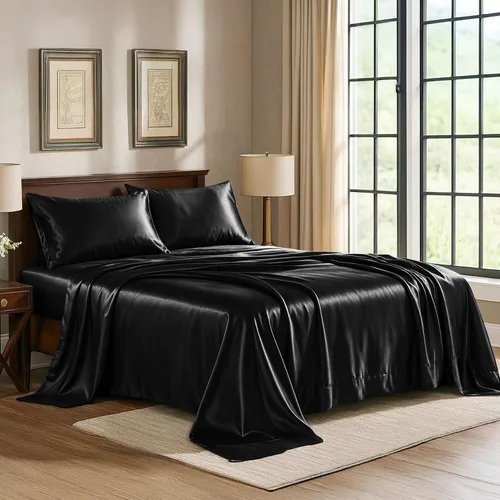 Vista 17 de Pure Bedding Sábanas de satén de lujo para cama individual de hotel, juego de sábanas de microfibra extra suave de 1800, resistente a las arrugas, a