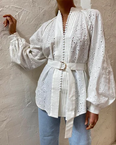Vista 3 de Roiii Womens Vintage Boho Flow Print Button Down Long Sleeves Shirts Loose Blouse Tops S-XXL