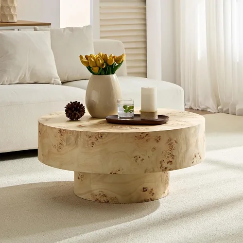 Vista 3 de Mesa de centro redonda de madera de Burl de 31.49 pulgadas, moderna mesa de centro circular circular baja contemporánea para sala de estar, espacio