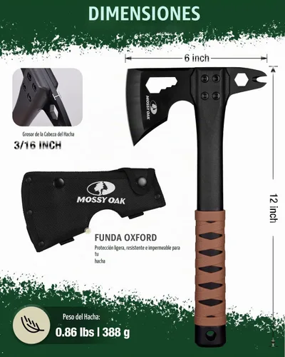 Vista 2 de MOSSY OAK Hacha de camping de 12" y hacha de supervivencia con funda Outdoor Multitool Hatchet w/ Hex Wrench Slots, Non-Slip Dual-Color Handle