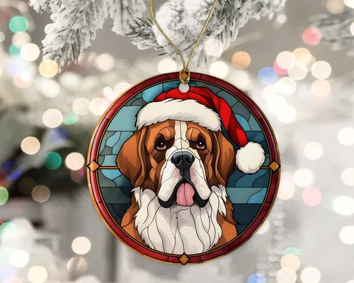 Vista 2 de Adorno de cerámica de San Bernardo de Navidad, adorno colgante para árbol de Navidad, adorno de vitral de perro, adorno religioso para cristianos