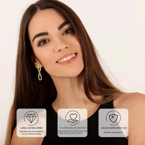 Vista 3 de Aretes de cadena de oro Aretes colgantes de plata de ley 925 con eslabones de cadena de clip Regalo para mujer
