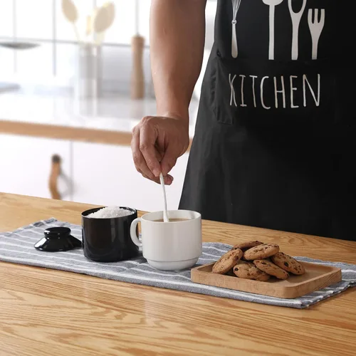 Vista 4 de ONTUBE Azucarero de cerámica con tapa y cuchara, juego de 2, caja de condimentos de porcelana con bandeja, 8 onzas (negro)