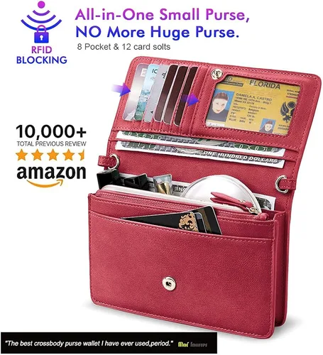 Vista 2 de nuoku Bolso bandolera pequeño para mujer con ranuras para tarjetas RFID 2 correas máximo 65 pulgadas