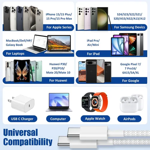 Vista 7 de Cable de carga USB C a C, paquete de 4 [3+6+6+10 pies] cable de carga rápida trenzado de nailon, cable de alimentación de 60 W tipo C para iPhone 17