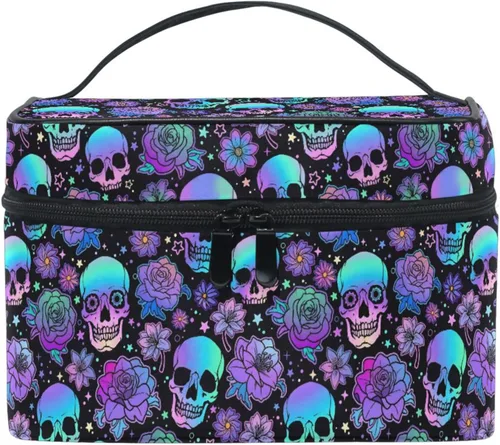 Vista 33 de Bolsa de Maquillaje, Estuche de Maquillaje Organizador de Viaje con Diseño de Calavera y Flores, Estuche de Cosméticos, Bolsas de Aseo para Niñas
