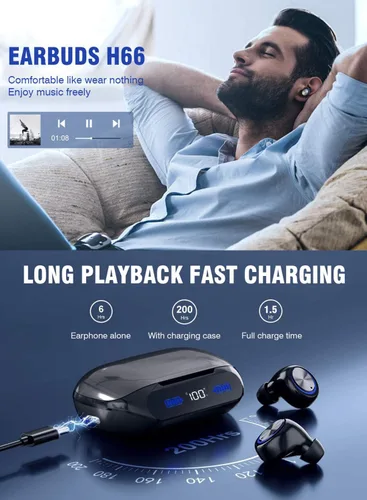 Vista 7 de Auriculares Bluetooth inalámbricos de reproducción de 200 horas, IPX7 impermeables, con cancelación de ruido, pantalla LED de alimentación