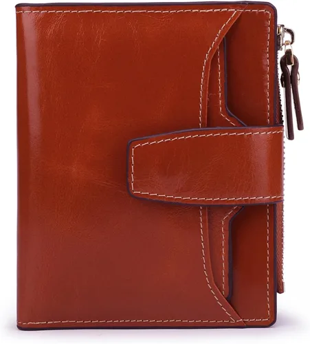 Vista 33 de Cartera de cuero con bloqueo RFID para mujer, pequeña, compacta, doble cremallera, con ventana para identificación