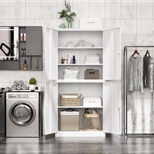 Vista 6 de MIIIKO Gabinete de almacenamiento de acero con 4 puertas, archivador de metal con cerradura, gabinete de almacenamiento de oficina blanco con 5