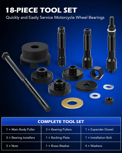 Vista 2 de Orion Motor Tech Kit de herramientas extractoras de rodamientos de rueda compatible con motocicletas Harley Davidson, juego de herramientas