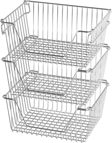 Vista 6 de SANNO Cestas apilables de alambre negras apilables para almacenamiento de verduras, despensa, refrigerador y organización de baño, paquete de 3