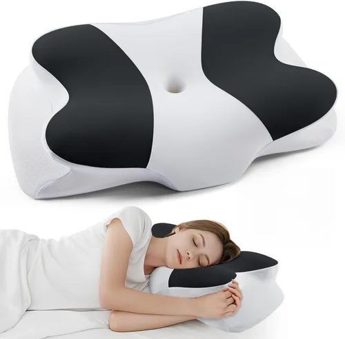 Vista 13 de DONAMA - Almohada cervical para cuello y hombros, diseño de espuma viscoelástica contorneado, soporte ergonómico para dormir de lado, espalda o boca
