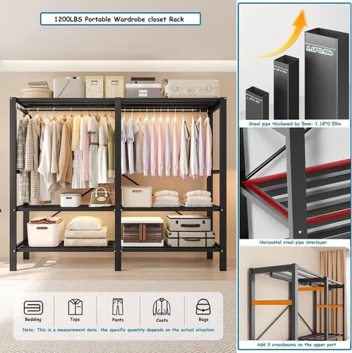 Vista 5 de Armario Portátil de Servicio Pesado con Cubierta 1200 Libras Perchero Plegable Cubierto para Colgar Ropa Sistema de Armario Guardarropa Perchero