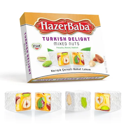 Vista 12 de Hazer Baba Delicias Turcas, Caja de bocadillos gourmet con nueces mixtas y sabor a vainilla, bocadillo tradicional vegano, Lokum turco, dulces