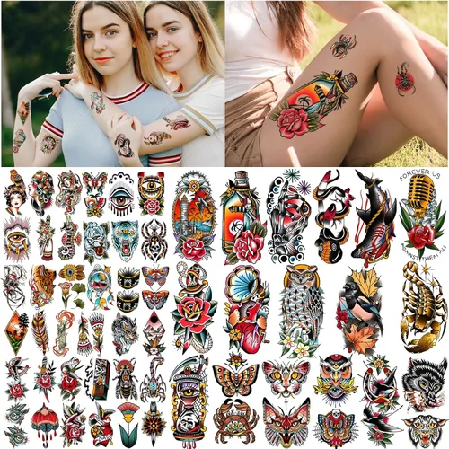 Vista 3 de Yazhiji 77 hojas de tatuajes falsos impermeables para hombres o mujeres, 17 hojas más grandes, mitad brazo, búho, peonía, mariposa, serpiente