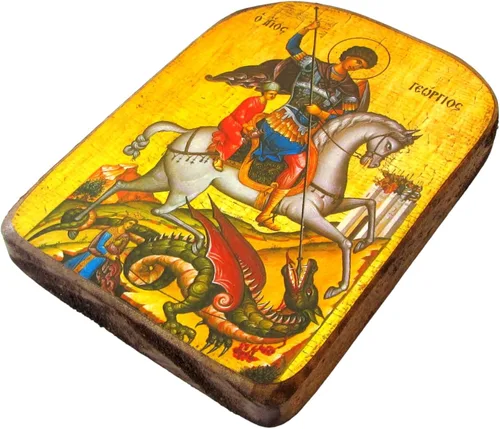 Vista 3 de Icono de madera griego ortodoxo cristiano de madera de San Jorge montando su caballo y matando a la bestia / MP2