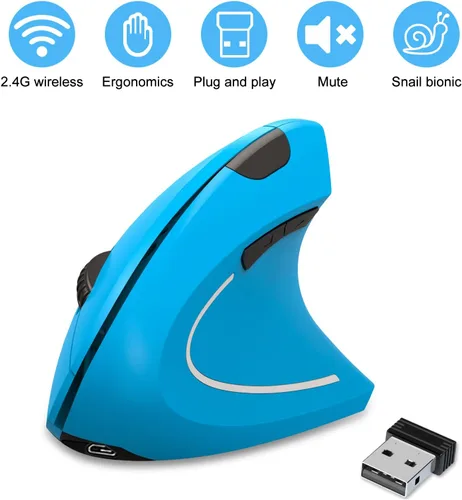 Vista 2 de Vassink Mouse ergonómico, mouse inalámbrico recargable, mouse óptico vertical recargable de 2.4 GHz con receptor USB, 6 botones, 80012001600 DPI