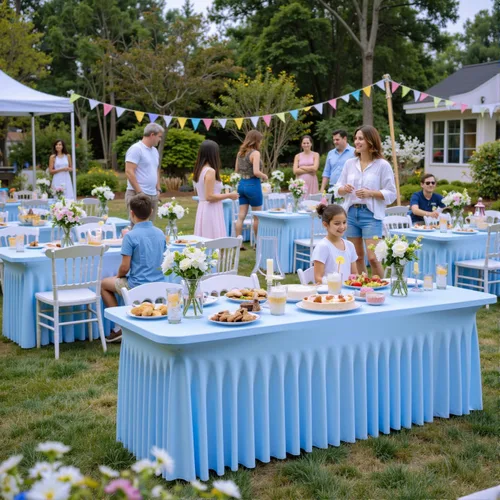 Vista 5 de Paquete de 3 Manteles de Spandex Azul Bebé para Mesas Rectangulares de 6 Pies, Falda de Mesa Azul Elástica Ajustada de 6 Pies para Fiestas de Boda