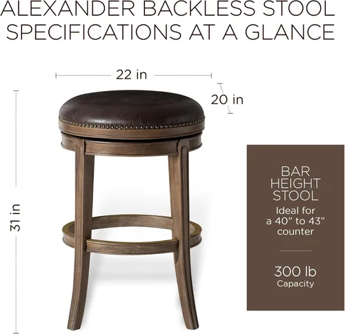 Vista 3 de Maven Lane Alexander Taburete de bar sin espalda de 31 pulgadas con reposapiés, madera maciza marrón y tapicería sintética marrón oscuro, ideal