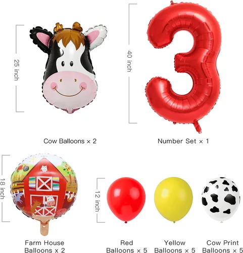 Vista 2 de Globos de vaca para decoración de fiesta de 3er cumpleaños de animales de granja, suministros de globos de granero con globo grande del número 3